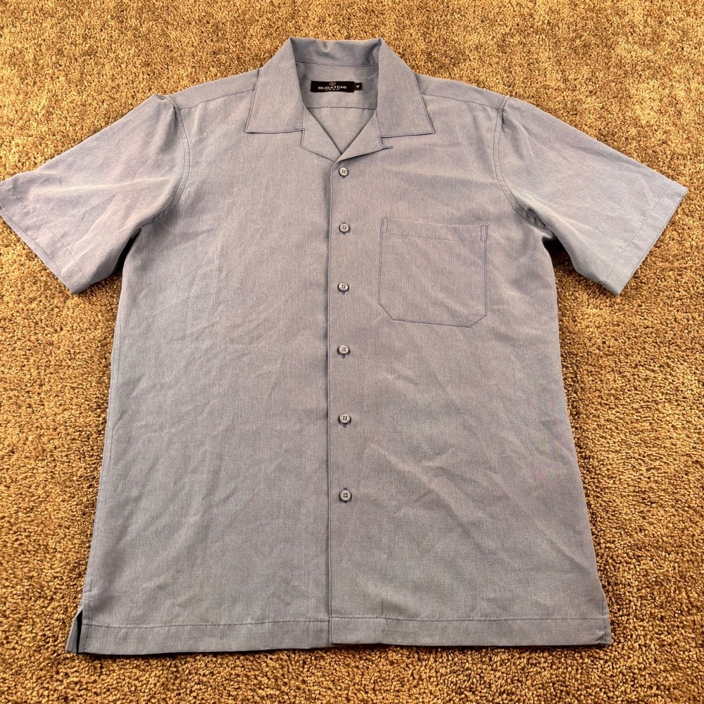 Bugatchi Shirt Mens M Dusty Blue Camp Loop Collar Rayon Blend Short Sleeve Beach